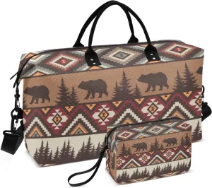 Bolaz Duffle Bag for Travel-Brown Tribal Bear and Fir-trer FunnyWeekender Overnight Bag with Wet Pocket for Women，Large Carry On Airport Bag with Toiletry Bag