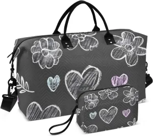 Bolaz Duffle Bag for Travel-Chalk Painting Flowers Love，Weekender Overnight Bag with Wet Pocket for Women，Large Carry On Airport Bag with Toiletry Bag, 20(L) x 7.8(W) x 13.7(H)