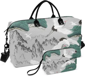 Bolaz Duffle Bag for Travel-Crane and Pine，Weekender Overnight Bag with Wet Pocket for Women，Large Carry On Airport Bag with Toiletry Bag for Travel, Business Trips, Sports