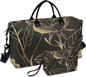 Bolaz Duffle Bag for Travel-Flower with Gold Line Art，Weekender Overnight Bag with Wet Pocket for Women，Large Carry On Airport Bag with Toiletry Bag for Travel, Business Trips, Sports