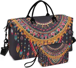 Bolaz Duffle Bag for Travel-Geometric Ethnic Oriental Pattern，Weekender Overnight Bag with Wet Pocket for Women，Large Carry On Airport Bag with Toiletry Bag for Travel, Business Trips, Sports