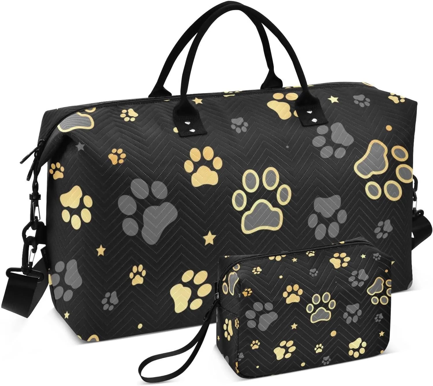 Bolaz Duffle Bag for Travel-Gold Dog Paw Print Polka DotWeekender Overnight Bag with Wet Pocket for Women，Large Carry On Airport Bag with Toiletry Bag