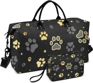 Bolaz Duffle Bag for Travel-Gold Dog Paw Print Polka DotWeekender Overnight Bag with Wet Pocket for Women，Large Carry On Airport Bag with Toiletry Bag