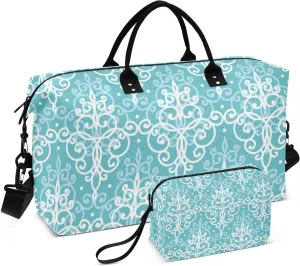 Bolaz Duffle Bag for Travel-Light Blue Swirls Damask，Weekender Overnight Bag with Wet Pocket for Women，Large Carry On Airport Bag with Toiletry Bag for Travel, Business Trips, Sports