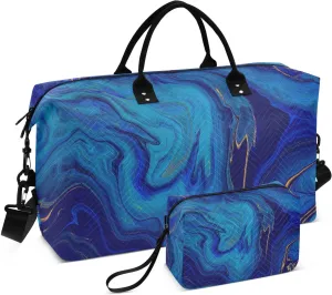 Bolaz Duffle Bag for Travel-Navy Blue Marble，Weekender Overnight Bag with Wet Pocket for Women，Large Carry On Airport Bag with Toiletry Bag for Travel, Business Trips, Sports