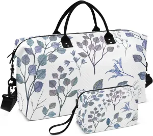Bolaz Duffle Bag for Travel-Watercolor Wild Blue Leaves Twigs Herbs，Weekender Overnight Bag with Wet Pocket for Women，Large Carry On Airport Bag with Toiletry Bag for Travel, Business Trips, Sports