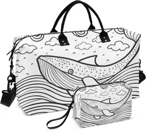 Bolaz Duffle Bag for Travel-Whale and Ocean Waves Coloring Page，Weekender Overnight Bag with Wet Pocket for Women，Large Carry On Airport Bag with Toiletry Bag for Travel, Business Trips, Sports