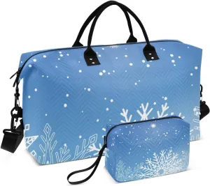 Bolaz Duffle Bag for Travel-White Snowflakes Isolated on Blue Backdrop，Weekender Overnight Bag with Wet Pocket for Women，Large Carry On Airport Bag with Toiletry Bag for Travel, Business Trips, Sports