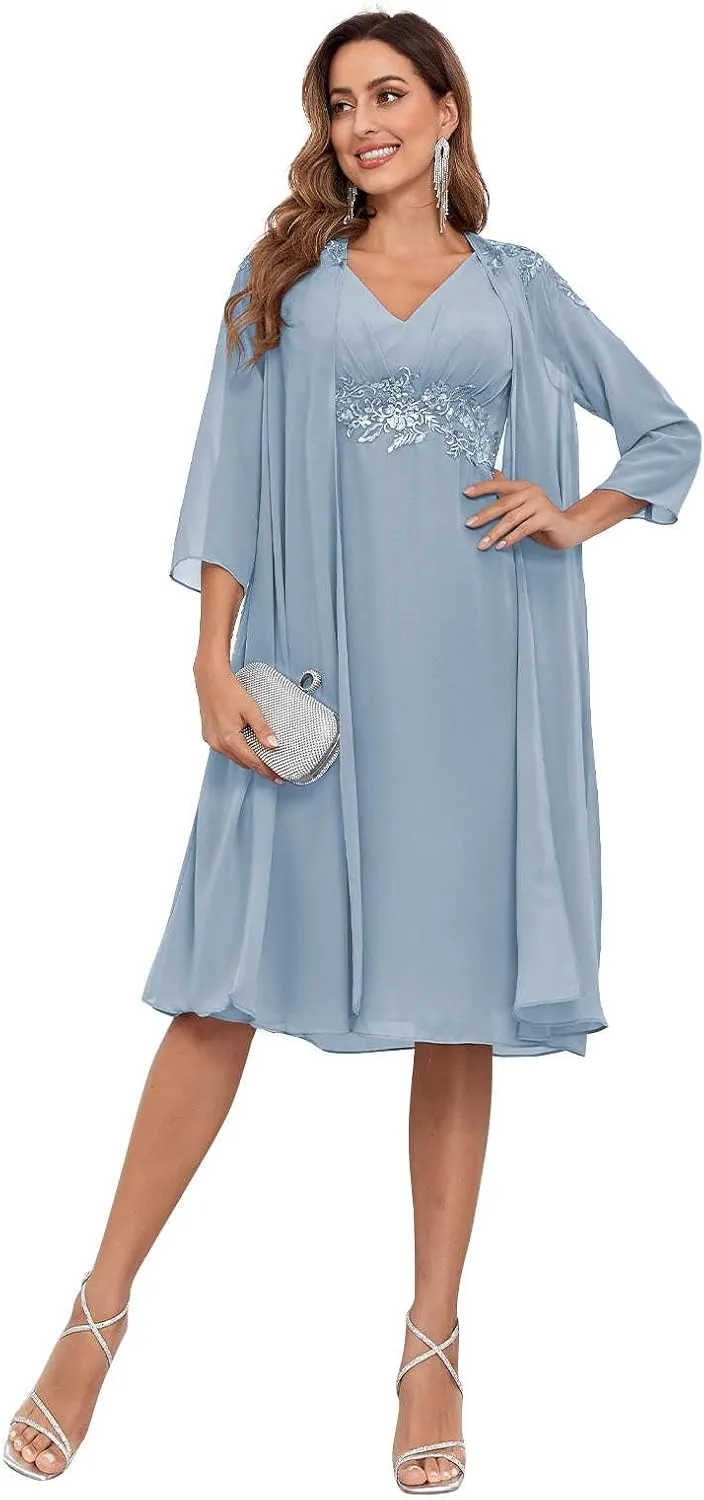 BONOYUER 2 Piece Mother of The Bride Dresses for Wedding with Jacket Lace Applique Formal Wedding Guest Dress