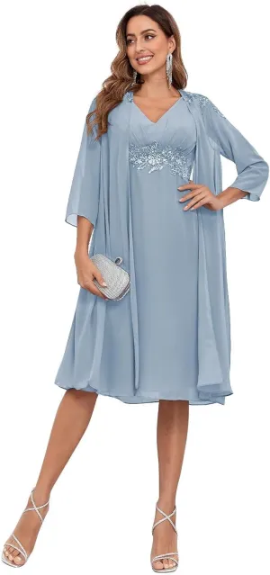 BONOYUER 2 Piece Mother of The Bride Dresses for Wedding with Jacket Lace Applique Formal Wedding Guest Dress
