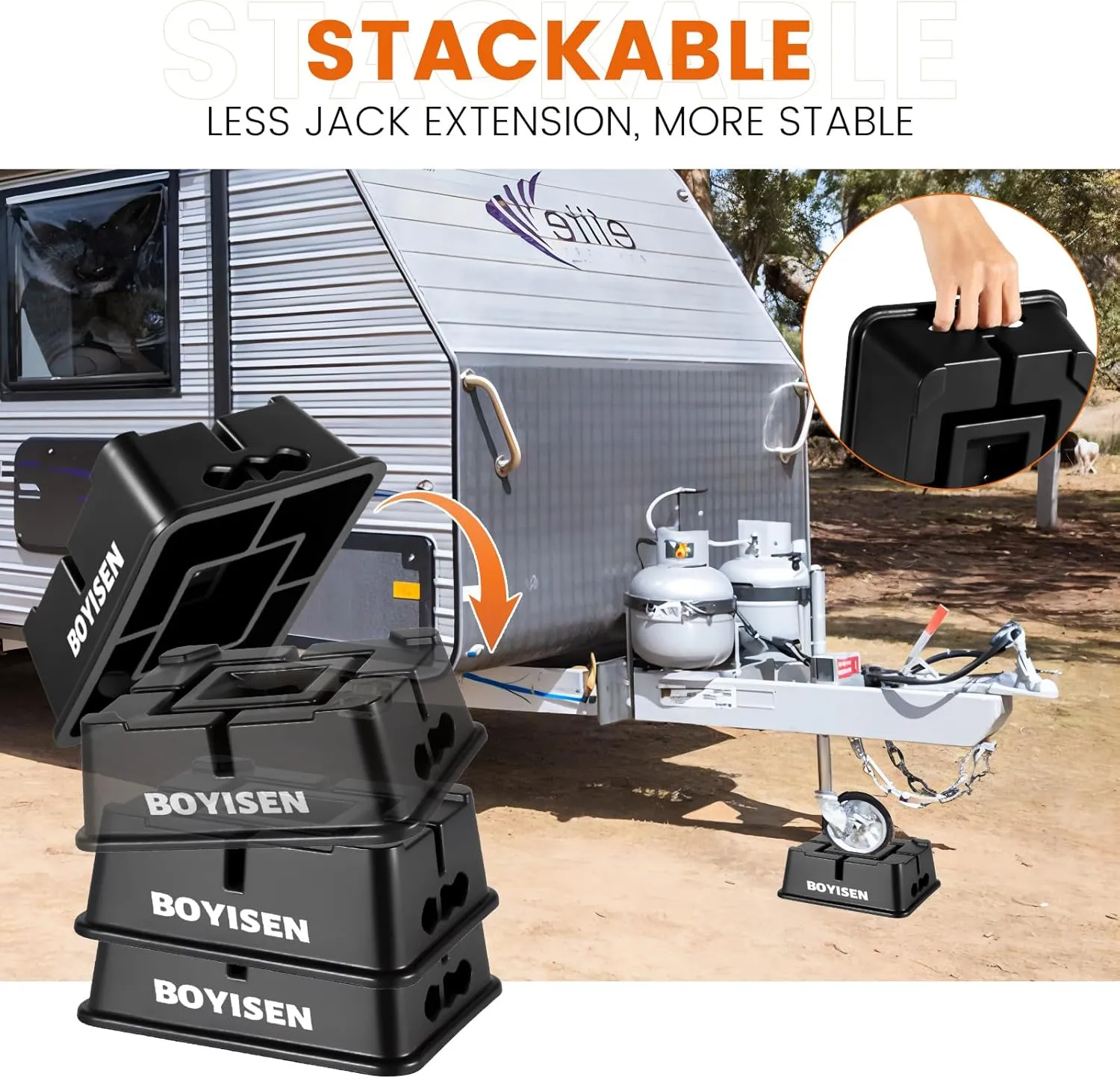 BOYISEN Trailer Jack Block - RV Jack Blocks for 5th Wheel, Pop Up, Toy Hauler Fits for Any Tongue Jack, Foot, Post, Stabilizer Support Up to 15,000lbs Easy Carry Handle (4in Black 1 Pack)
