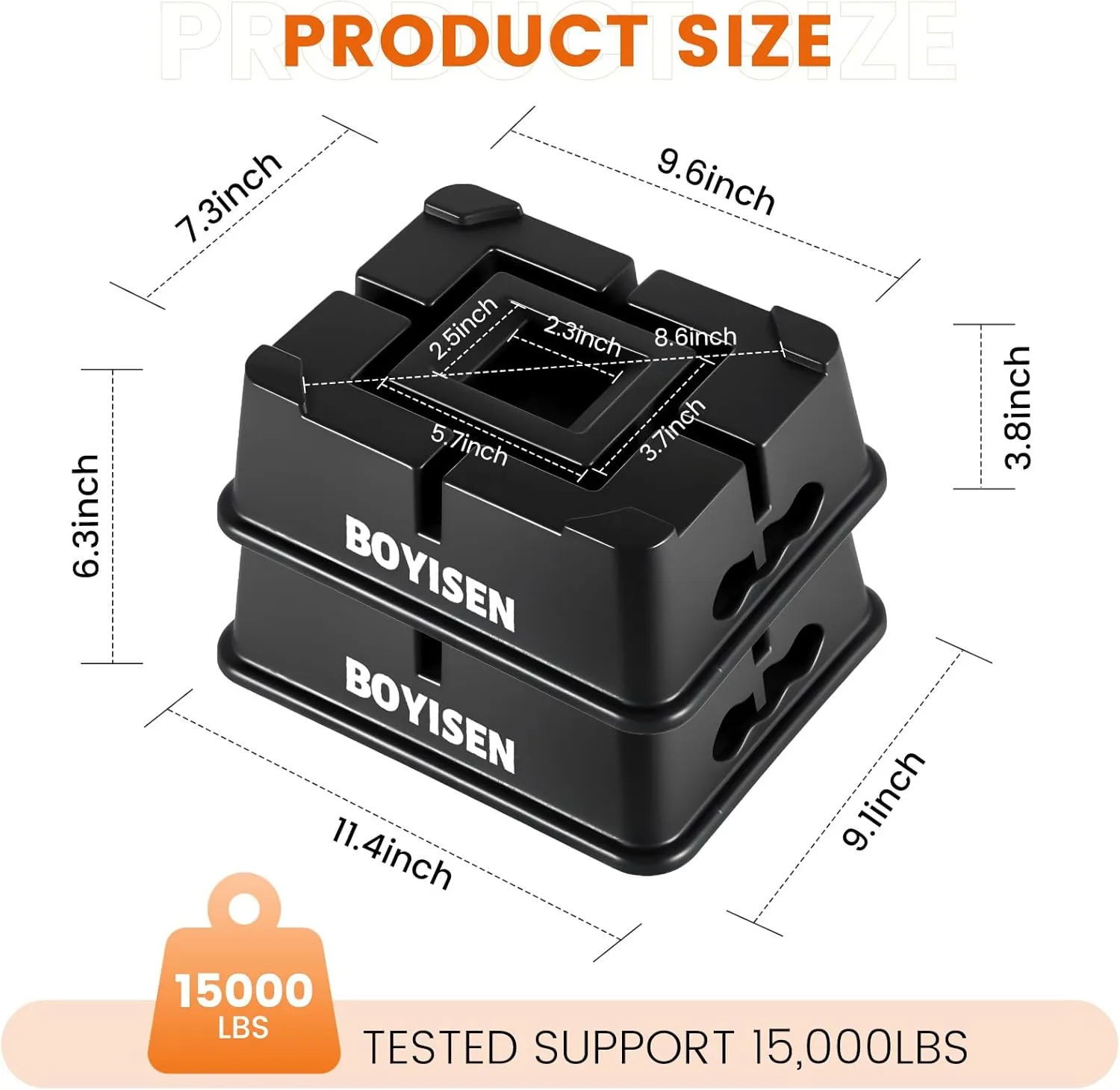 BOYISEN Trailer Jack Block - RV Jack Blocks for 5th Wheel, Pop Up, Toy Hauler Fits for Any Tongue Jack, Foot, Post, Stabilizer Support Up to 15,000lbs Easy Carry Handle (4in Black 1 Pack)