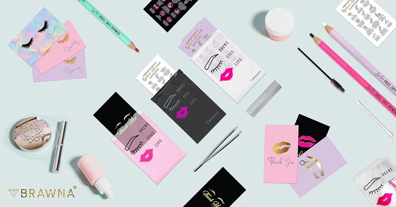 BRAWNA 70 pcs Pink Microblading Aftercare Bags for PMU Instruction Cards - Eyebrow Aftercare Bags - PMU Aftercare bags - PMU Kit - Mini Cosmetic Pouches - Microblading Supplies