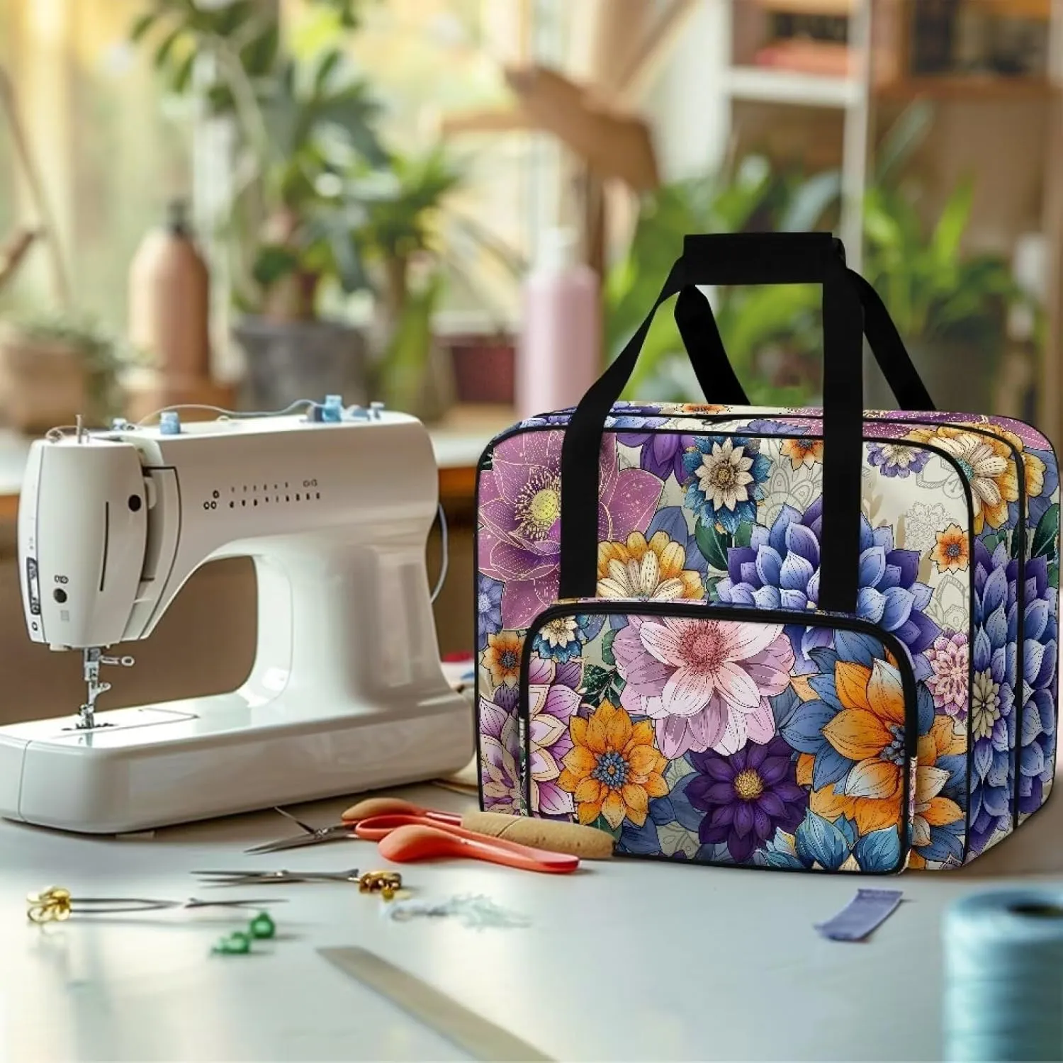 Bright Bohemian Ethnic Flower Sewing Machine Case with Padding Pad, Travel Case for Sewing Machine and Accessories (Fit for Most Standard Sewing Machines)(Bag Only)