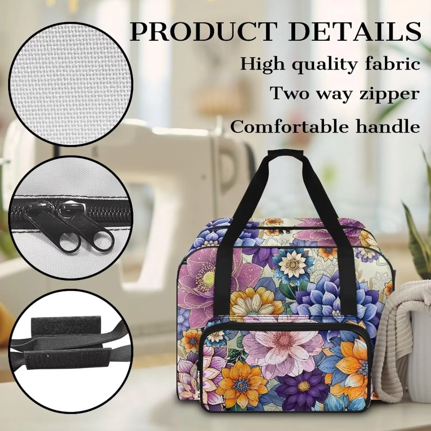 Bright Bohemian Ethnic Flower Sewing Machine Case with Padding Pad, Travel Case for Sewing Machine and Accessories (Fit for Most Standard Sewing Machines)(Bag Only)