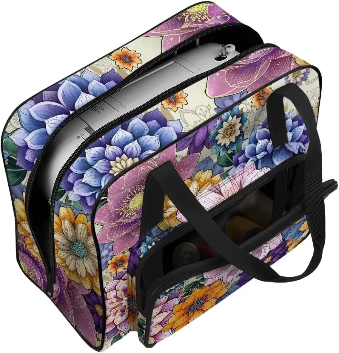 Bright Bohemian Ethnic Flower Sewing Machine Case with Padding Pad, Travel Case for Sewing Machine and Accessories (Fit for Most Standard Sewing Machines)(Bag Only)