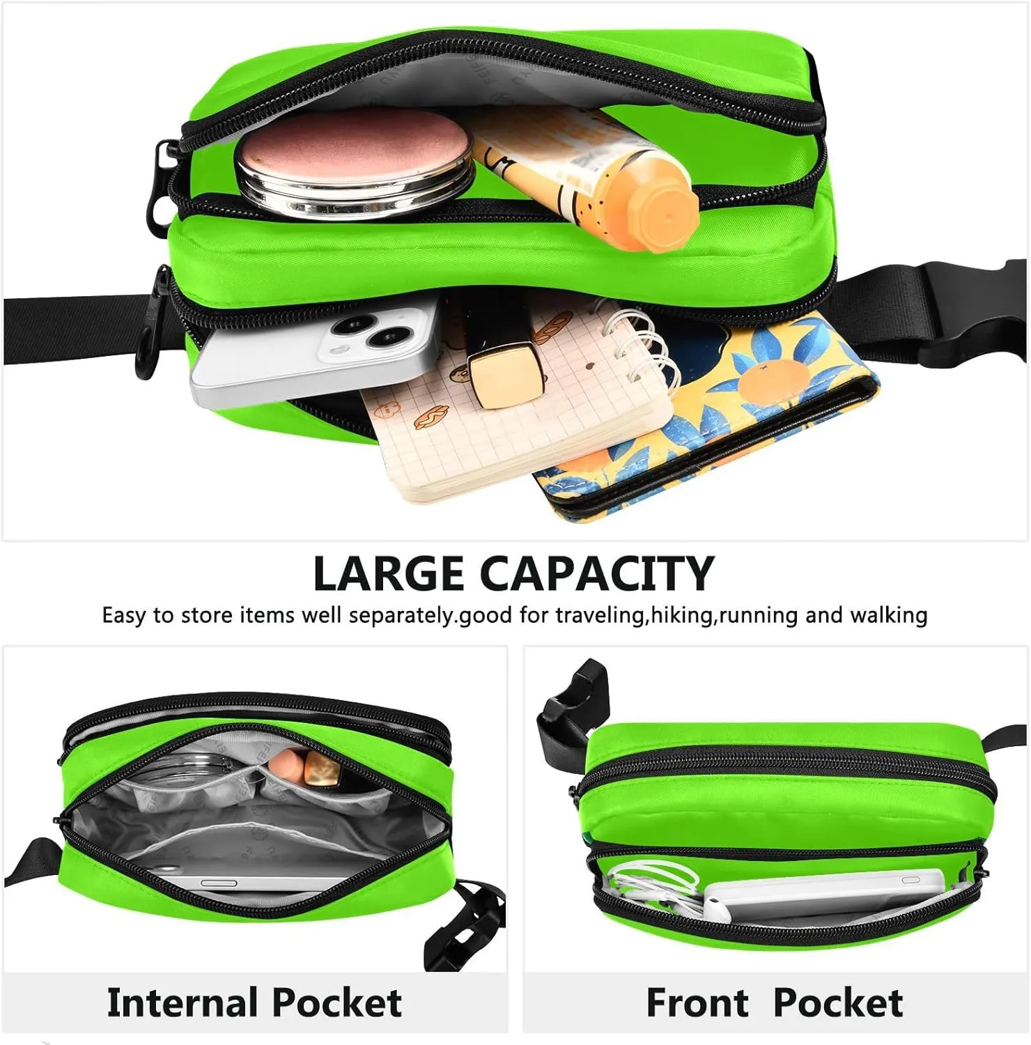 Bright Green Chest Bag for Women Mini Everywhere Bum Hip Waist Pack, 8 x 5.3 x 2.3 Inches