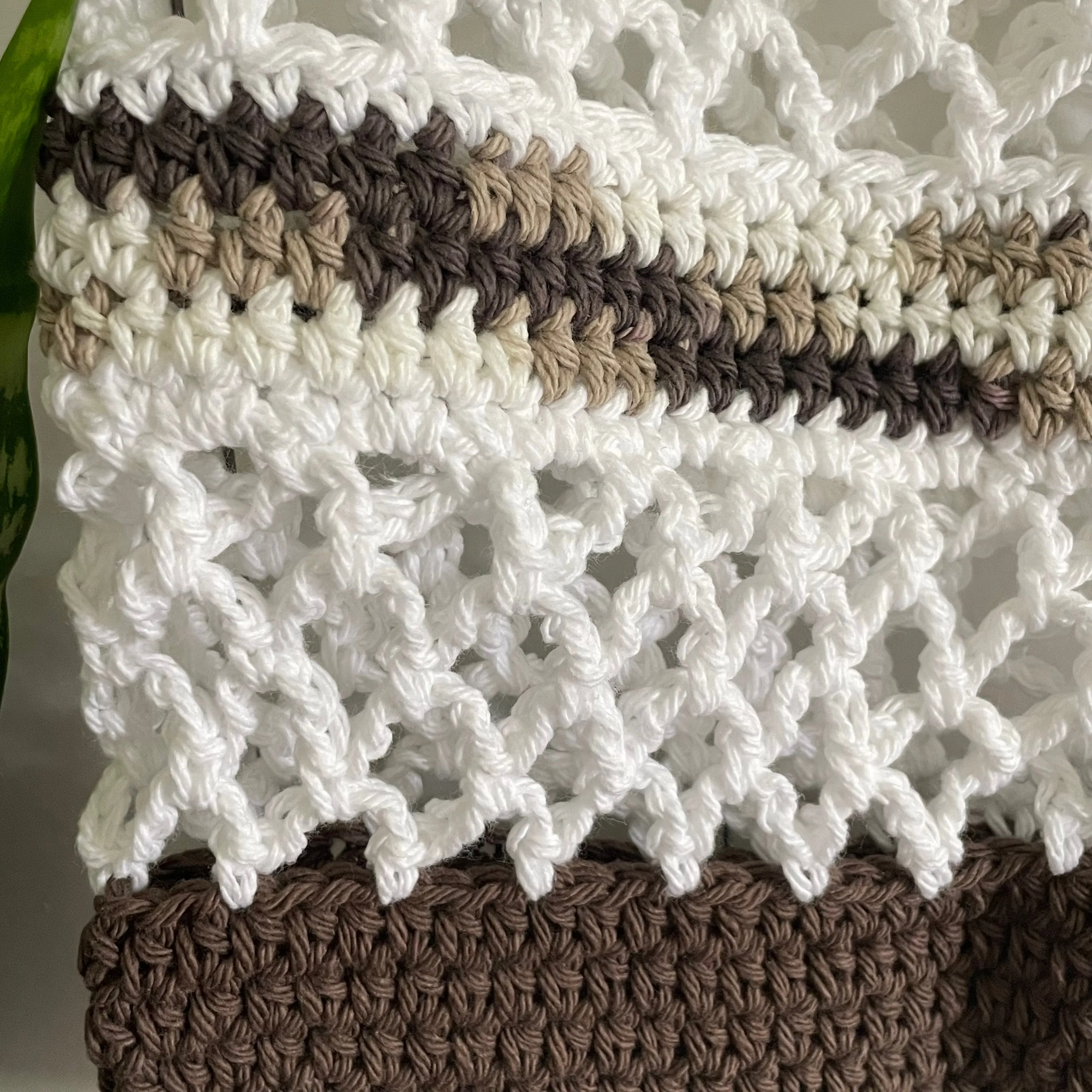 Brown & White Tote Shoulder Bag Purse Cotton Reusable Boho Multicolor Hand Crocheted Knit Coastal Resort Beach