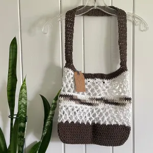 Brown & White Tote Shoulder Bag Purse Cotton Reusable Boho Multicolor Hand Crocheted Knit Coastal Resort Beach