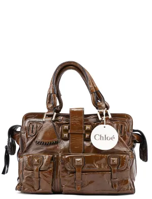 Brown Patent Leather Pocket Tote Bag