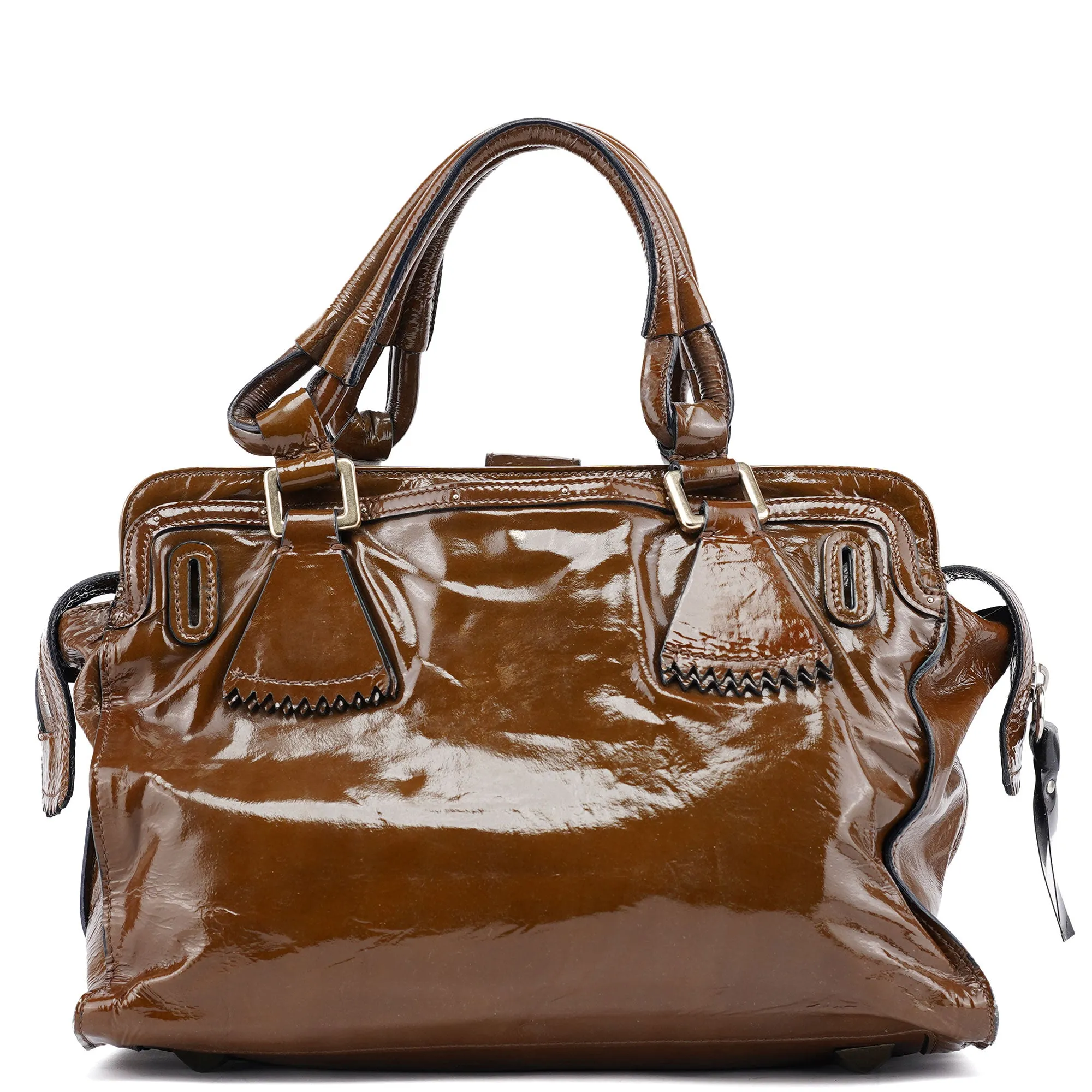 Brown Patent Leather Pocket Tote Bag