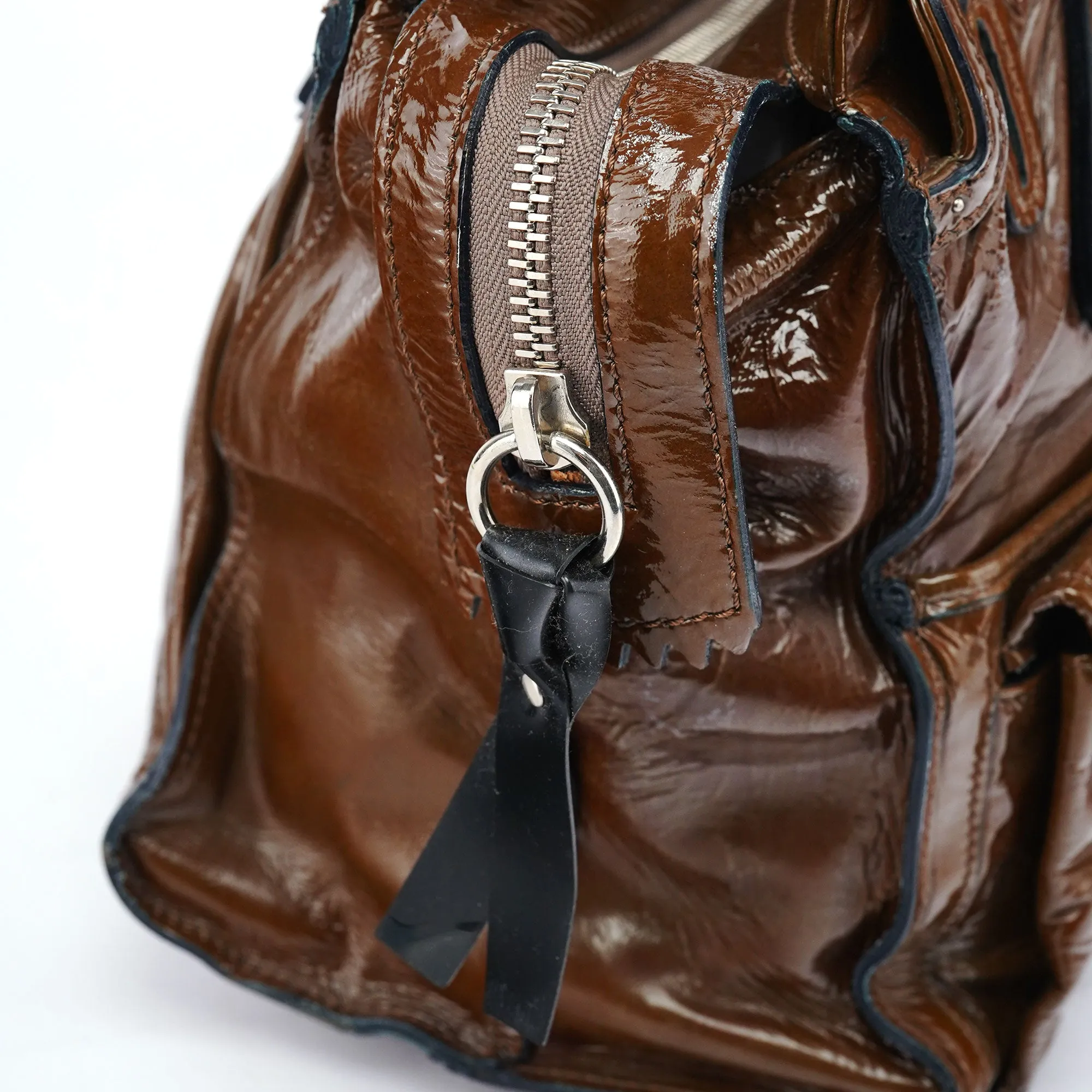 Brown Patent Leather Pocket Tote Bag