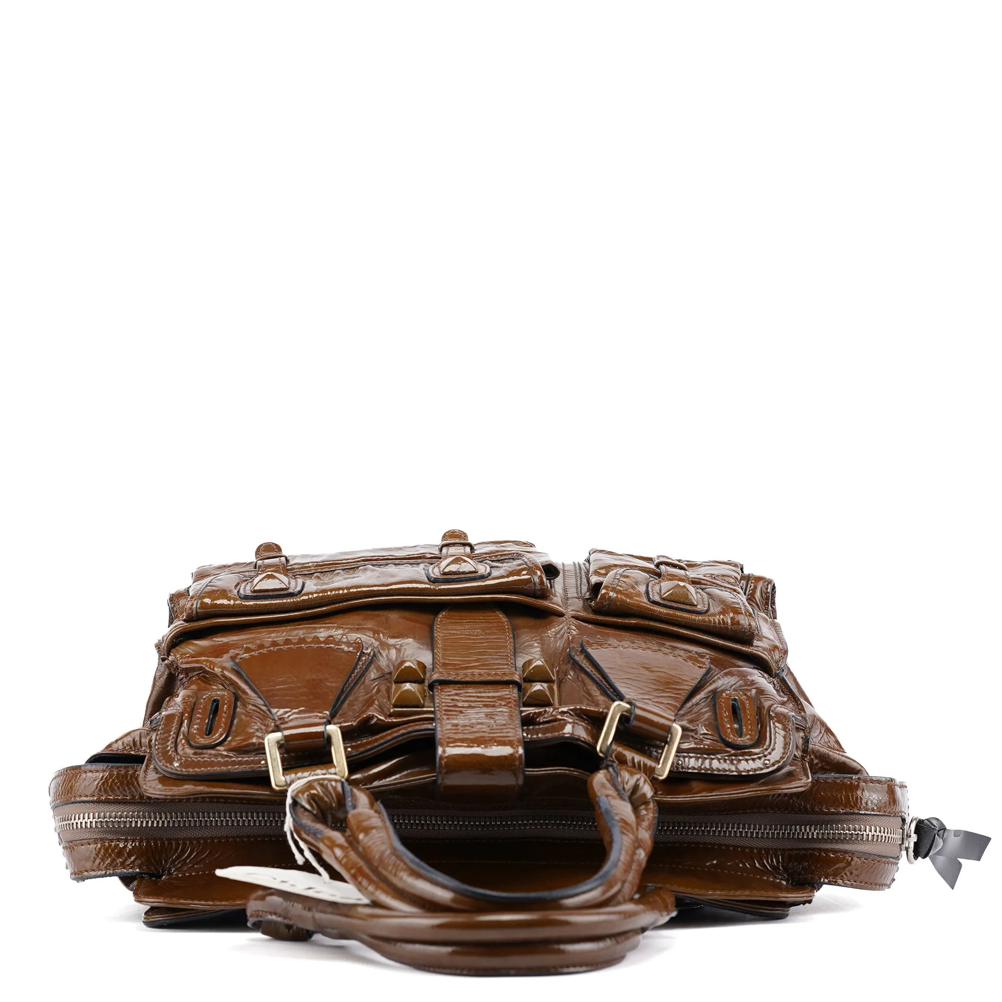 Brown Patent Leather Pocket Tote Bag