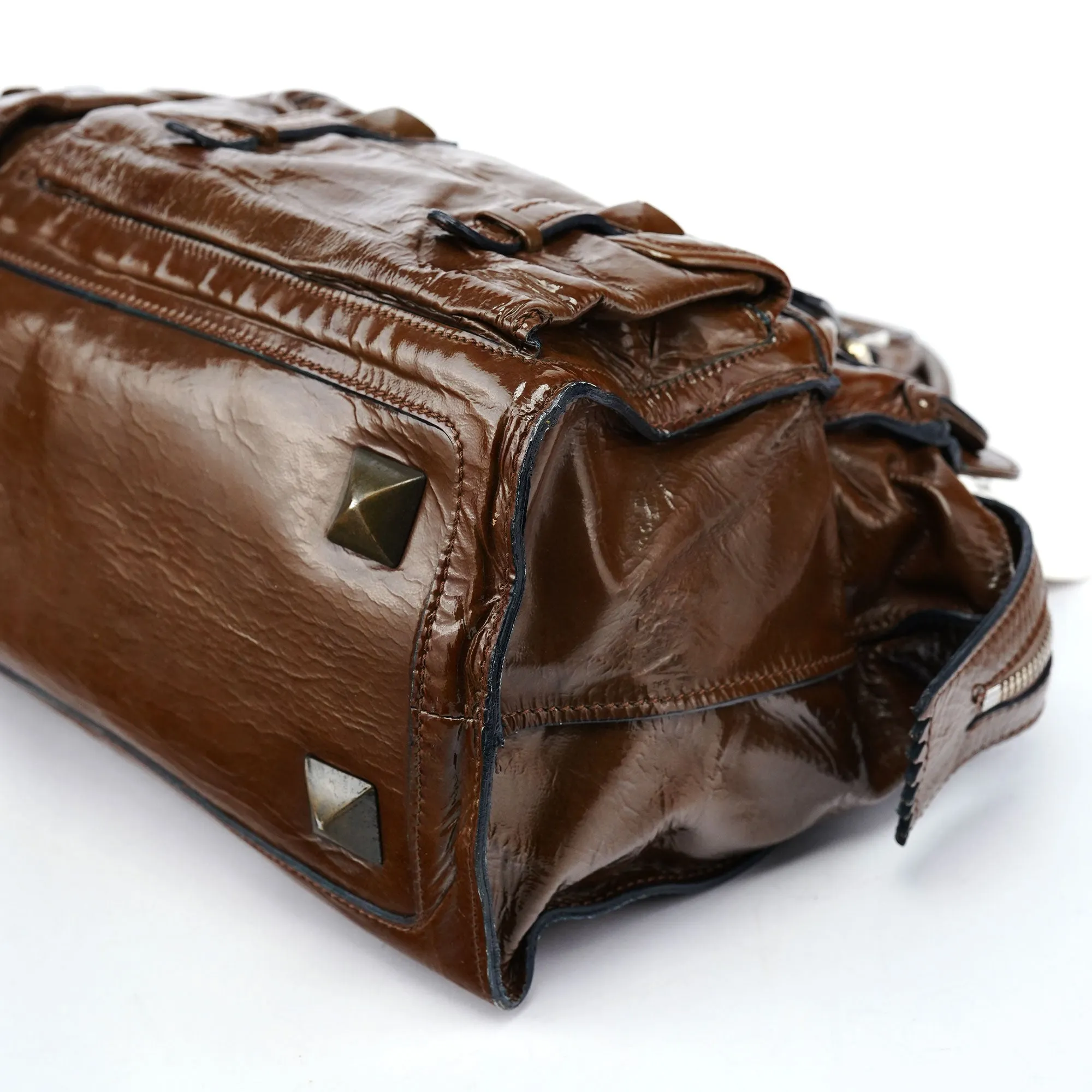 Brown Patent Leather Pocket Tote Bag