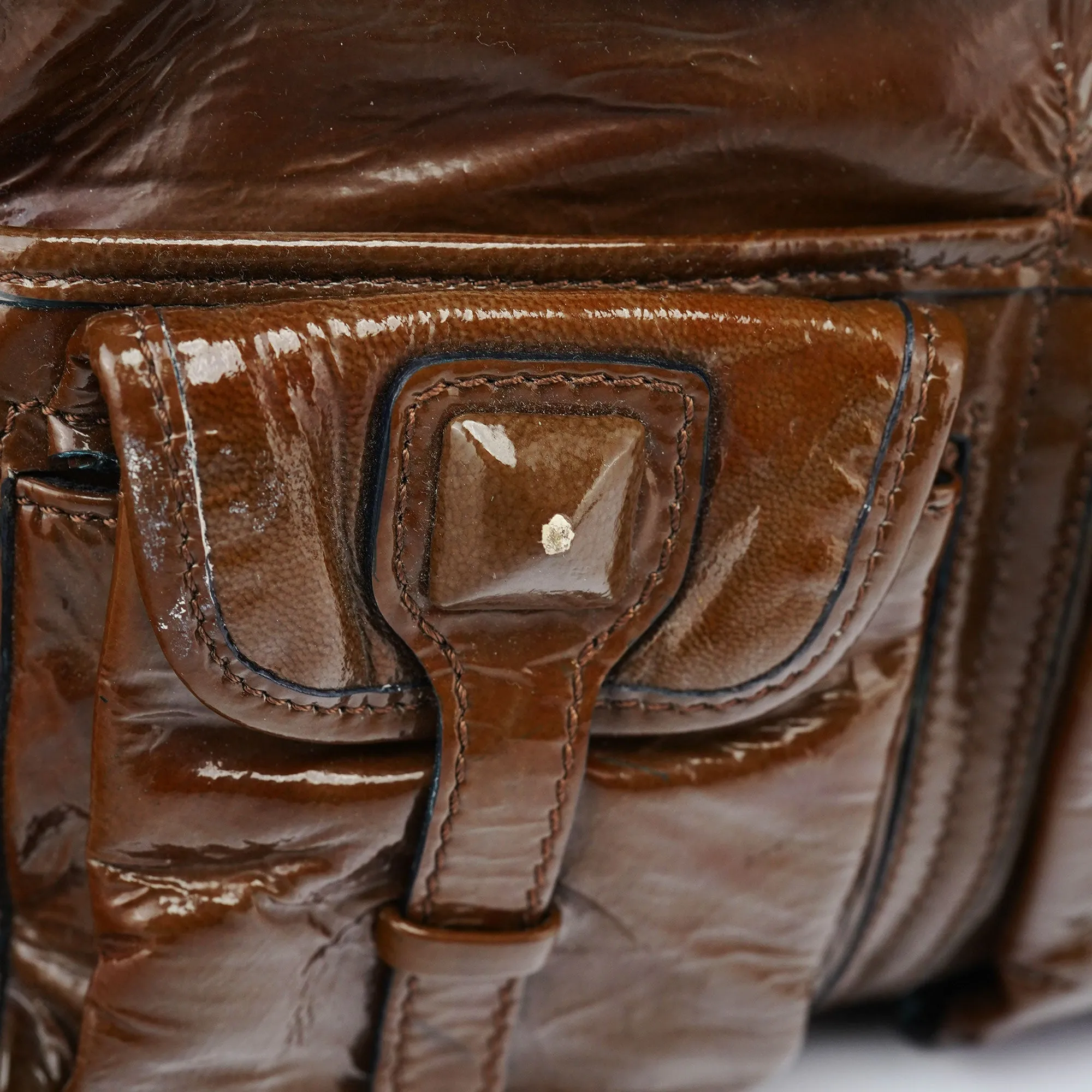 Brown Patent Leather Pocket Tote Bag