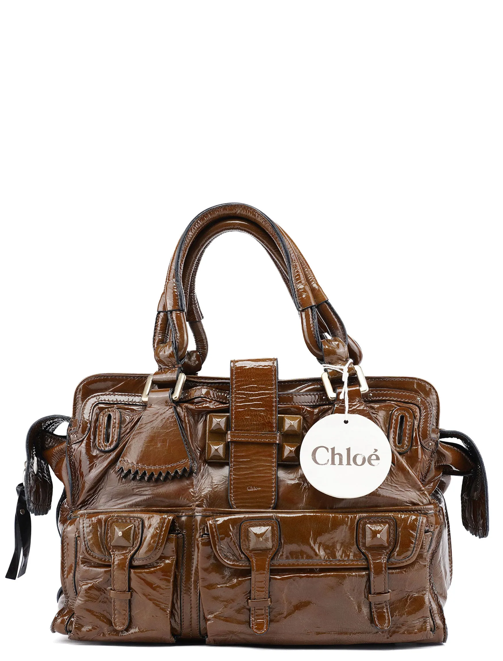 Brown Patent Leather Pocket Tote Bag