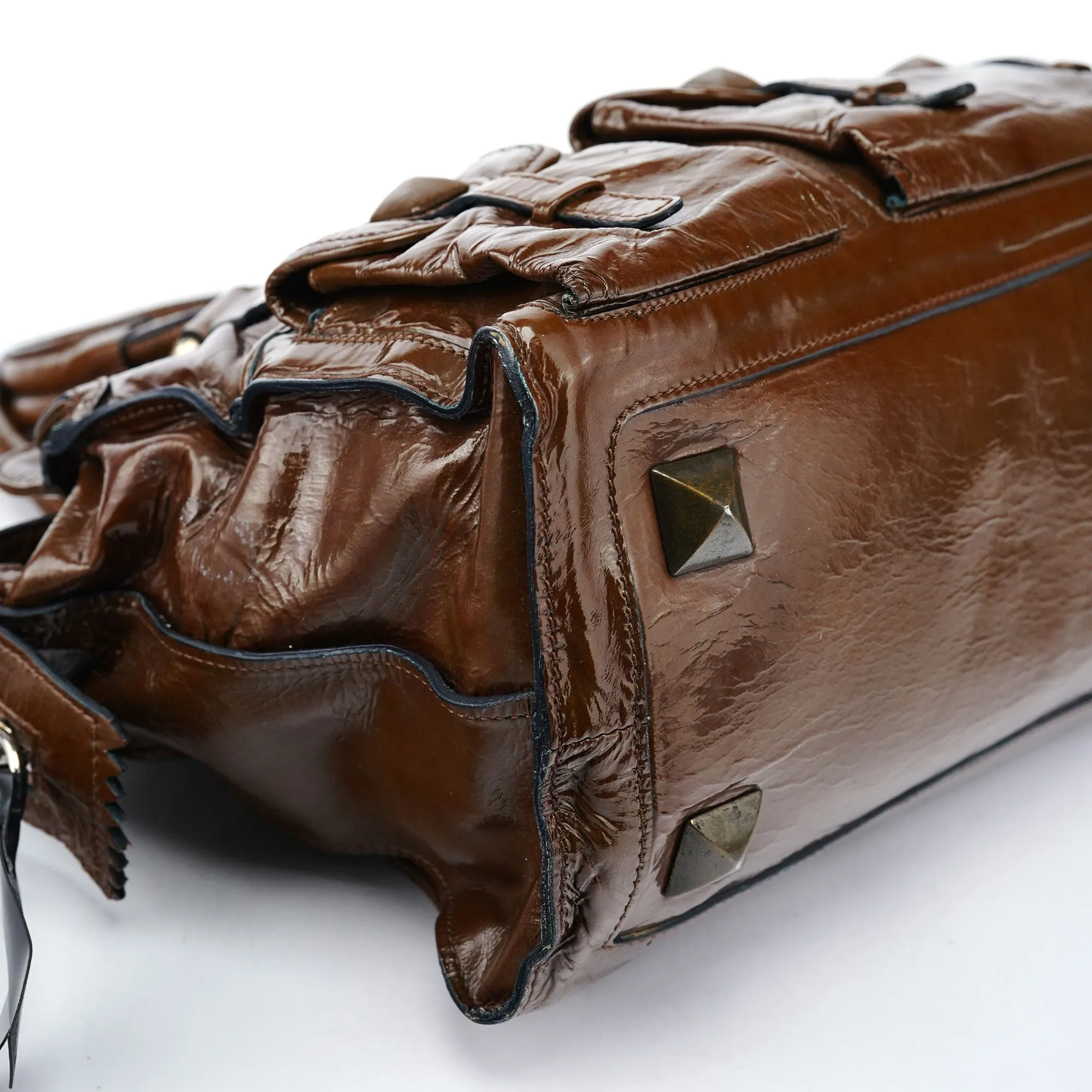 Brown Patent Leather Pocket Tote Bag