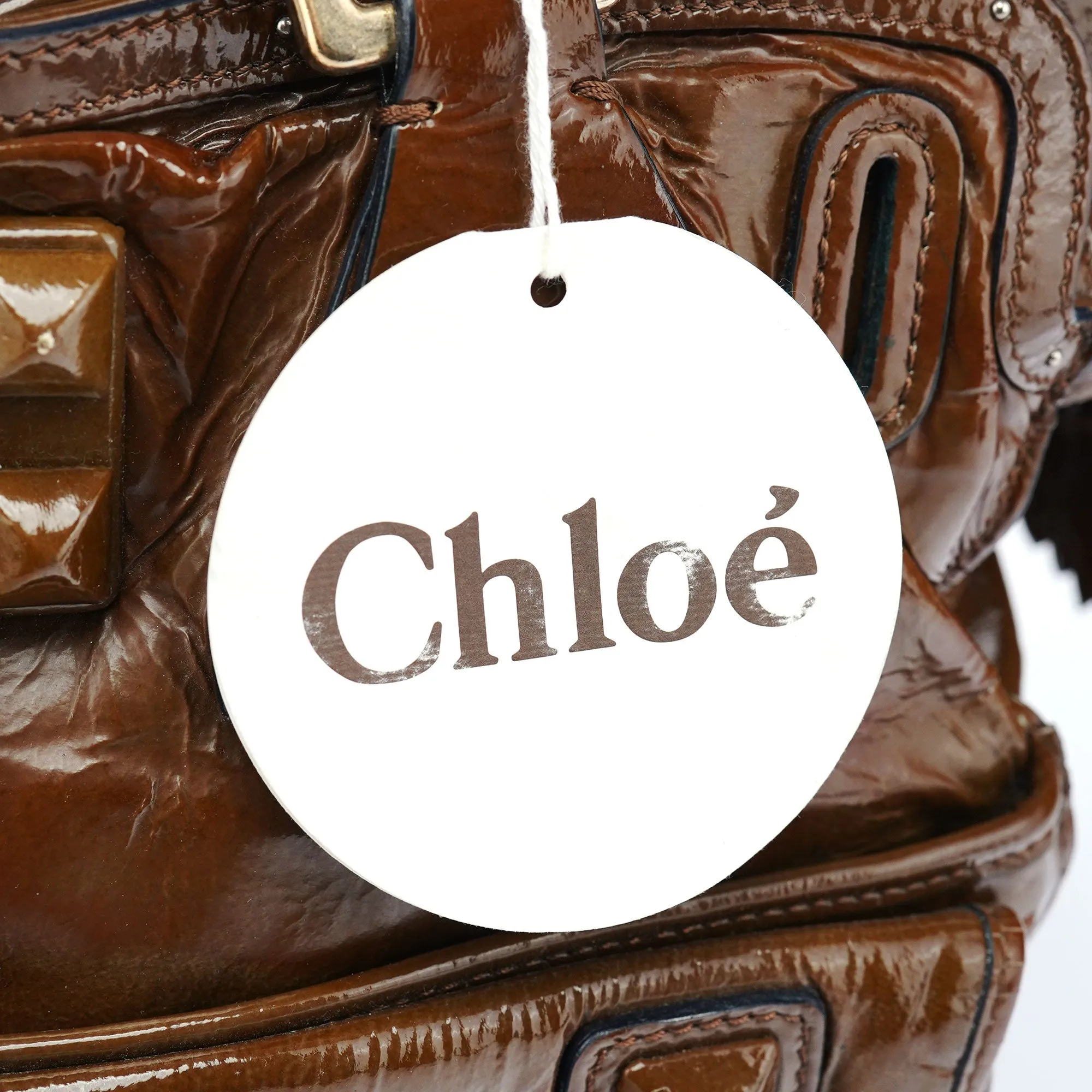 Brown Patent Leather Pocket Tote Bag