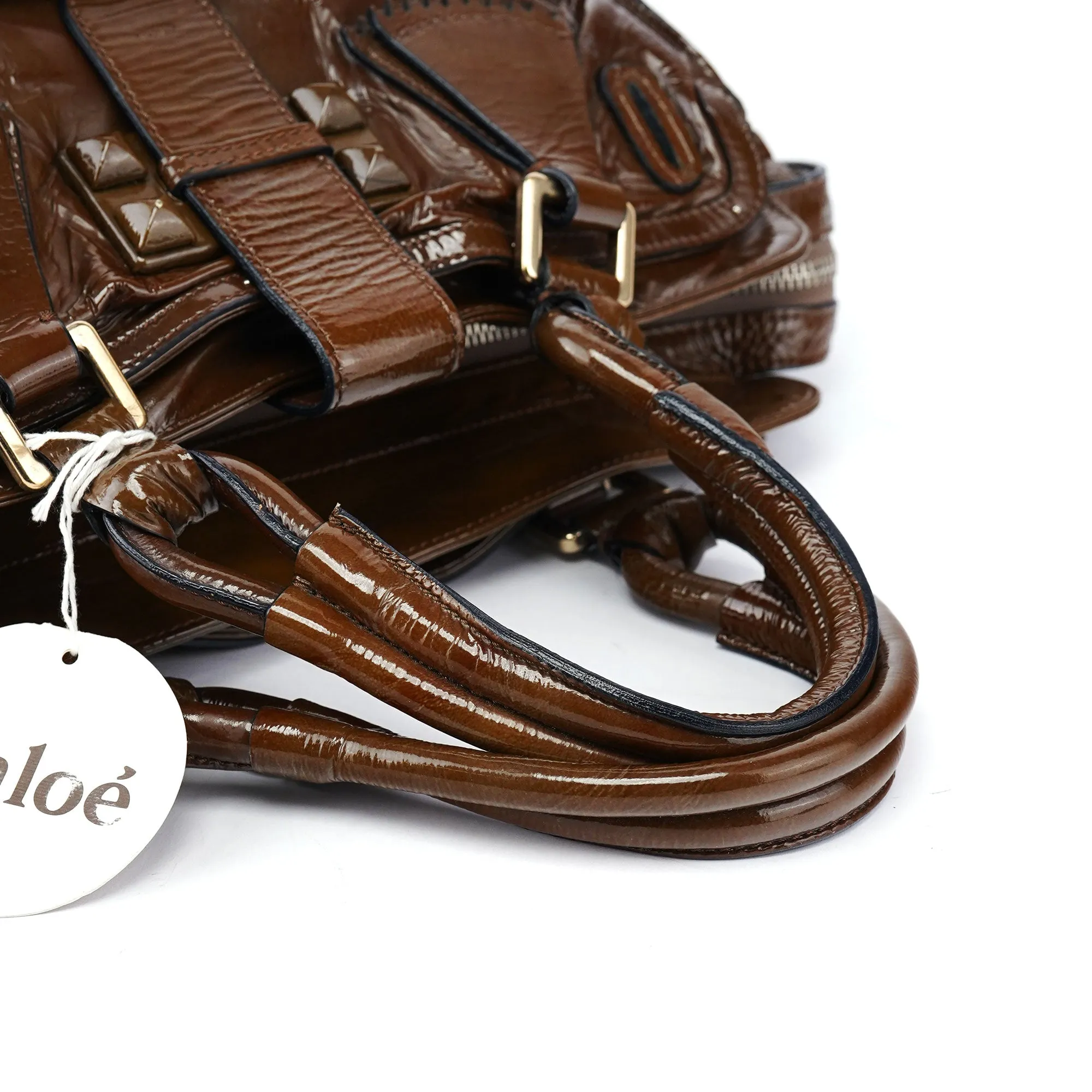 Brown Patent Leather Pocket Tote Bag