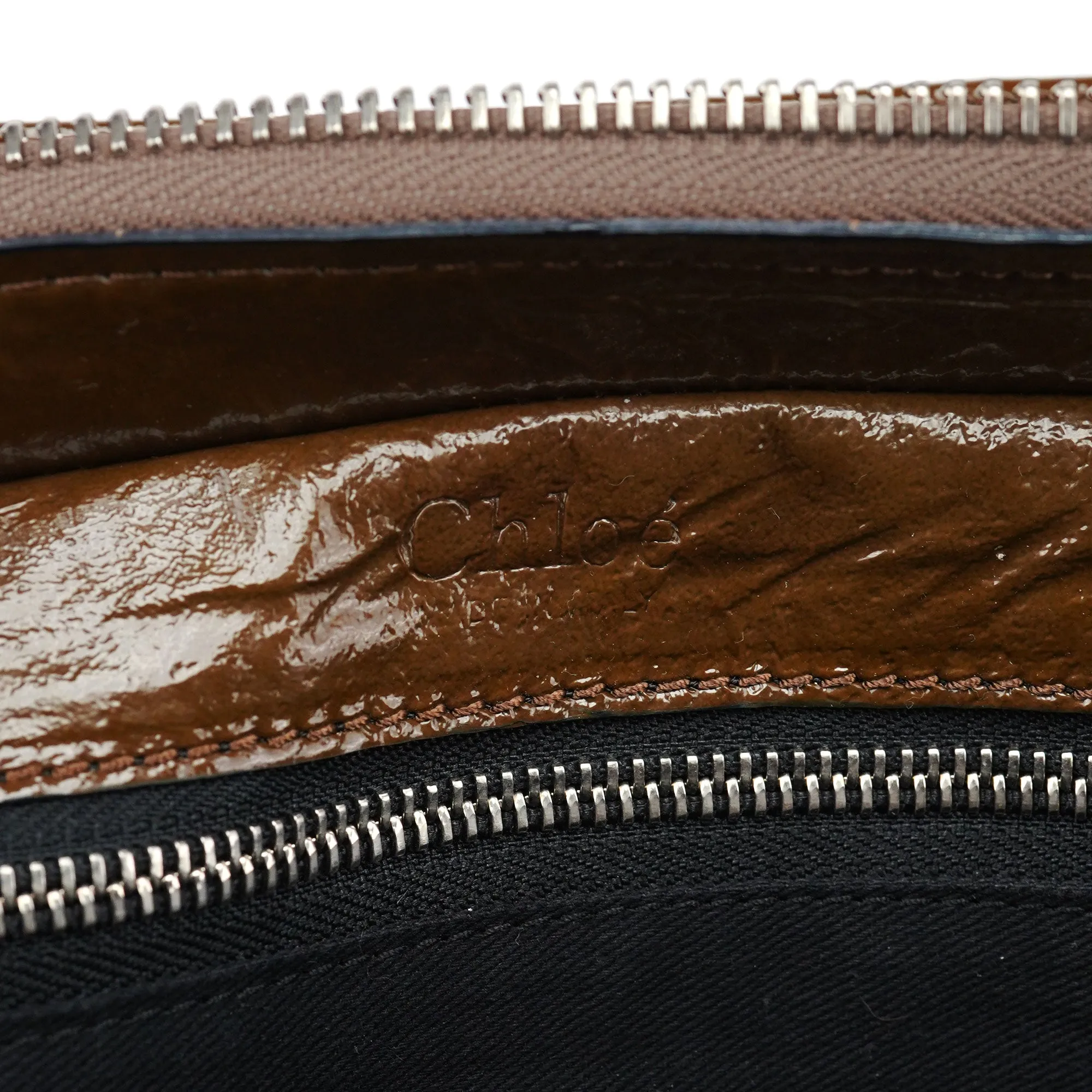 Brown Patent Leather Pocket Tote Bag