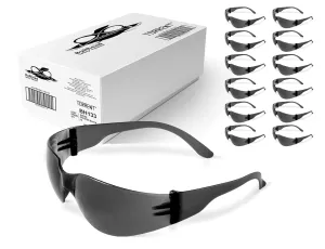 Bullhead Safety Torrent Glasses, High Impact Protection, Lightweight, Single-Mold Lens with 10 Base Curve for Maximum Protection, Smoke Lens, Frosted Black Temple Ends, One Size, 12 Pack