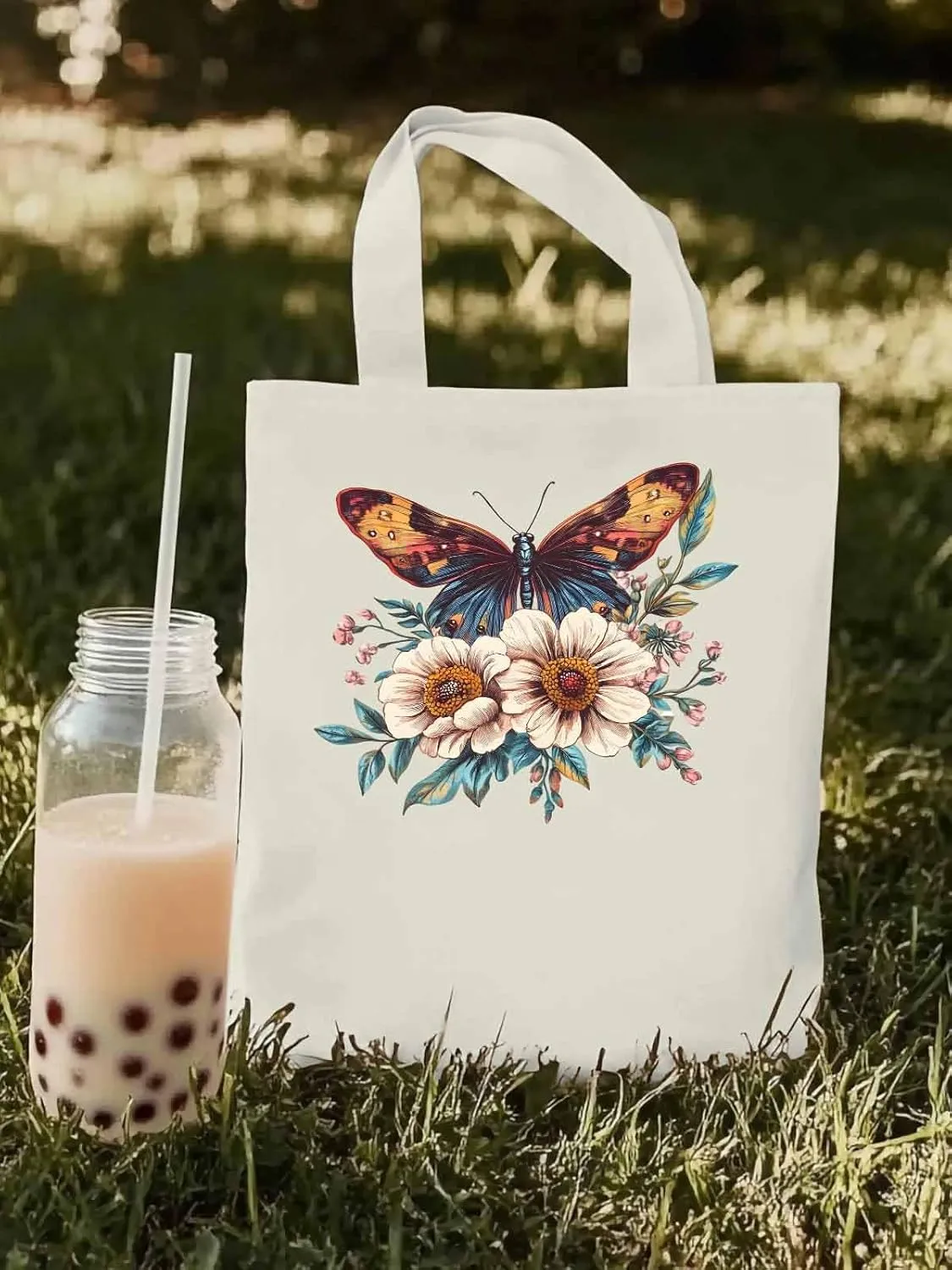 Butterfly Retro Floral Flower Canvas Tote Bag, Aesthetic Canvas Tote Handbags for Women Shoulder Bag
