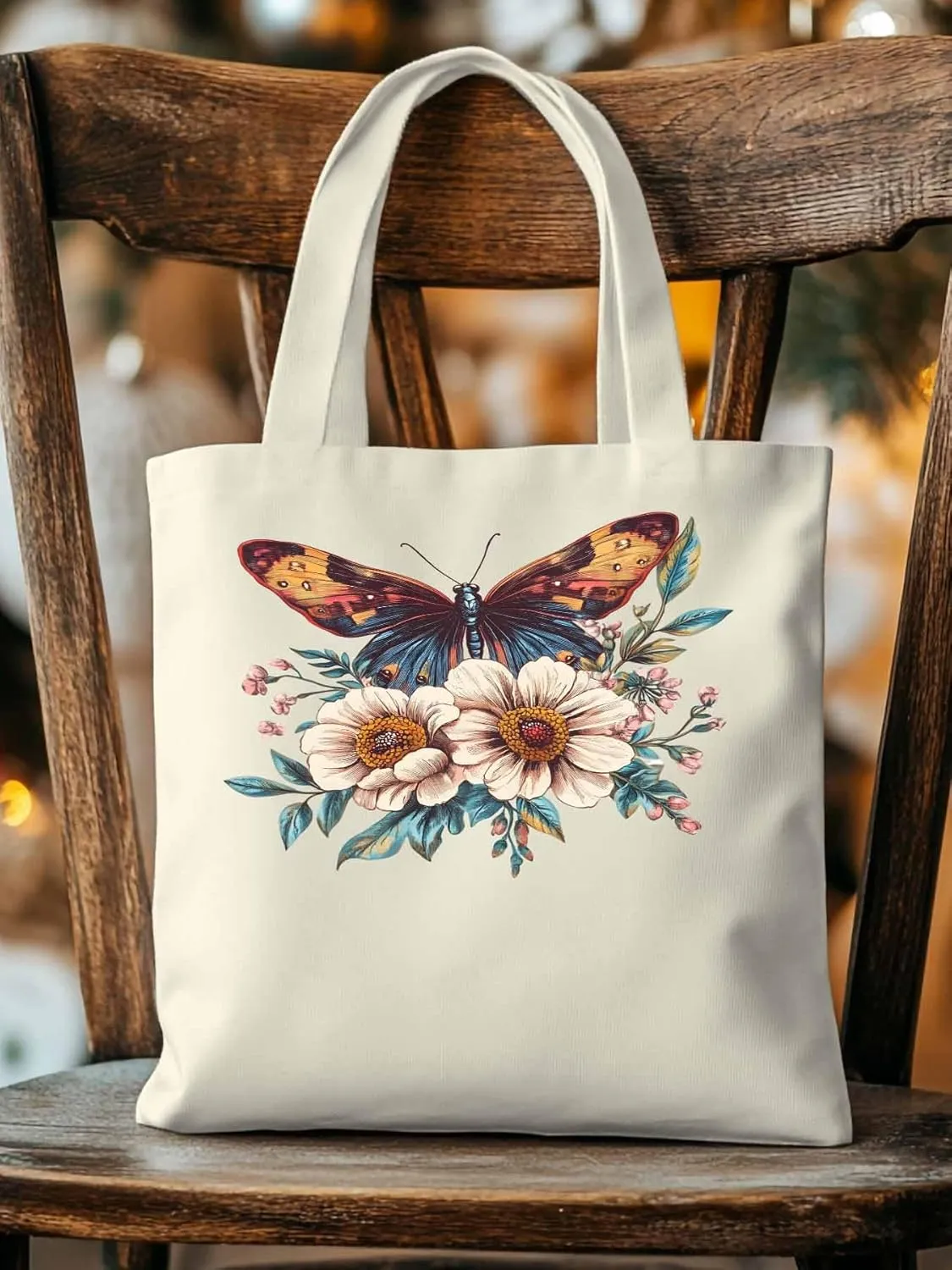 Butterfly Retro Floral Flower Canvas Tote Bag, Aesthetic Canvas Tote Handbags for Women Shoulder Bag