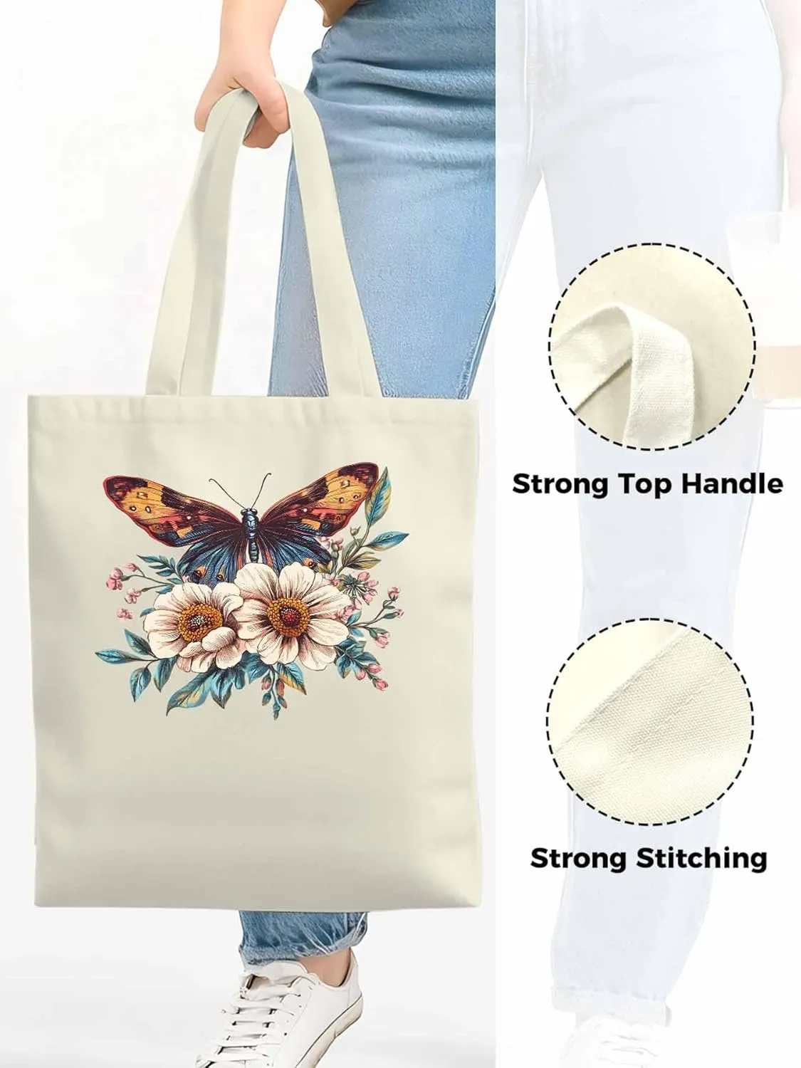 Butterfly Retro Floral Flower Canvas Tote Bag, Aesthetic Canvas Tote Handbags for Women Shoulder Bag
