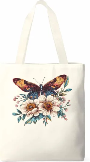 Butterfly Retro Floral Flower Canvas Tote Bag, Aesthetic Canvas Tote Handbags for Women Shoulder Bag