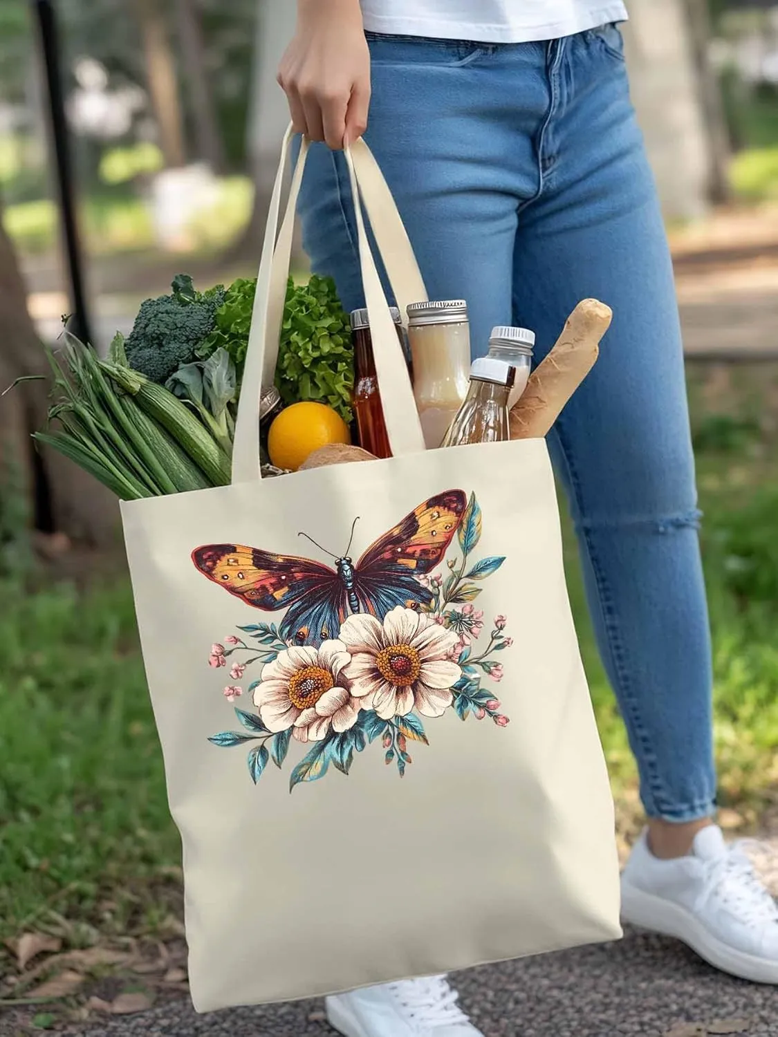 Butterfly Retro Floral Flower Canvas Tote Bag, Aesthetic Canvas Tote Handbags for Women Shoulder Bag