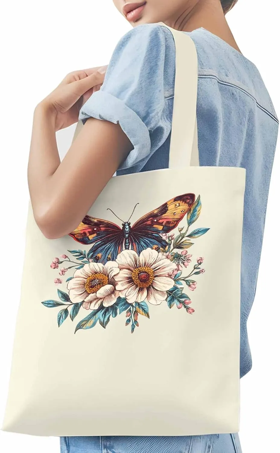 Butterfly Retro Floral Flower Canvas Tote Bag, Aesthetic Canvas Tote Handbags for Women Shoulder Bag
