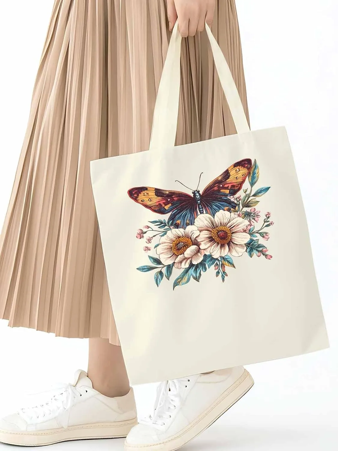 Butterfly Retro Floral Flower Canvas Tote Bag, Aesthetic Canvas Tote Handbags for Women Shoulder Bag