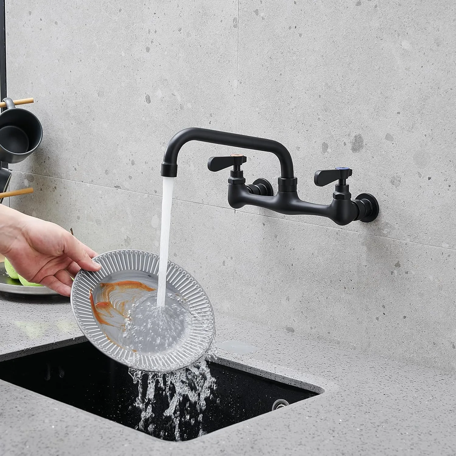 BWE Wall Mount Kitchen Faucets 8 Inch Center Commercial Kitchen Sink Faucet with 8" Swivel Spout 2 Handle Wall Mounted Utility Laundry Sink Faucets, Utility Sink Faucet