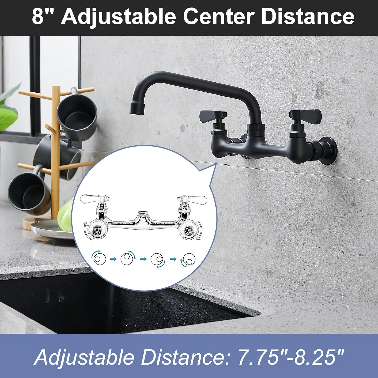 BWE Wall Mount Kitchen Faucets 8 Inch Center Commercial Kitchen Sink Faucet with 8" Swivel Spout 2 Handle Wall Mounted Utility Laundry Sink Faucets, Utility Sink Faucet