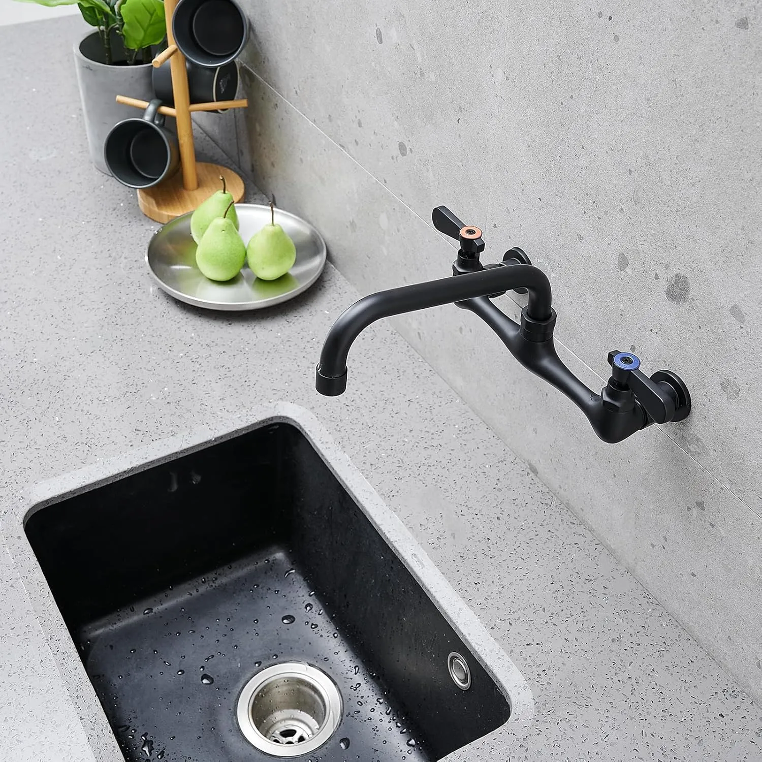 BWE Wall Mount Kitchen Faucets 8 Inch Center Commercial Kitchen Sink Faucet with 8" Swivel Spout 2 Handle Wall Mounted Utility Laundry Sink Faucets, Utility Sink Faucet