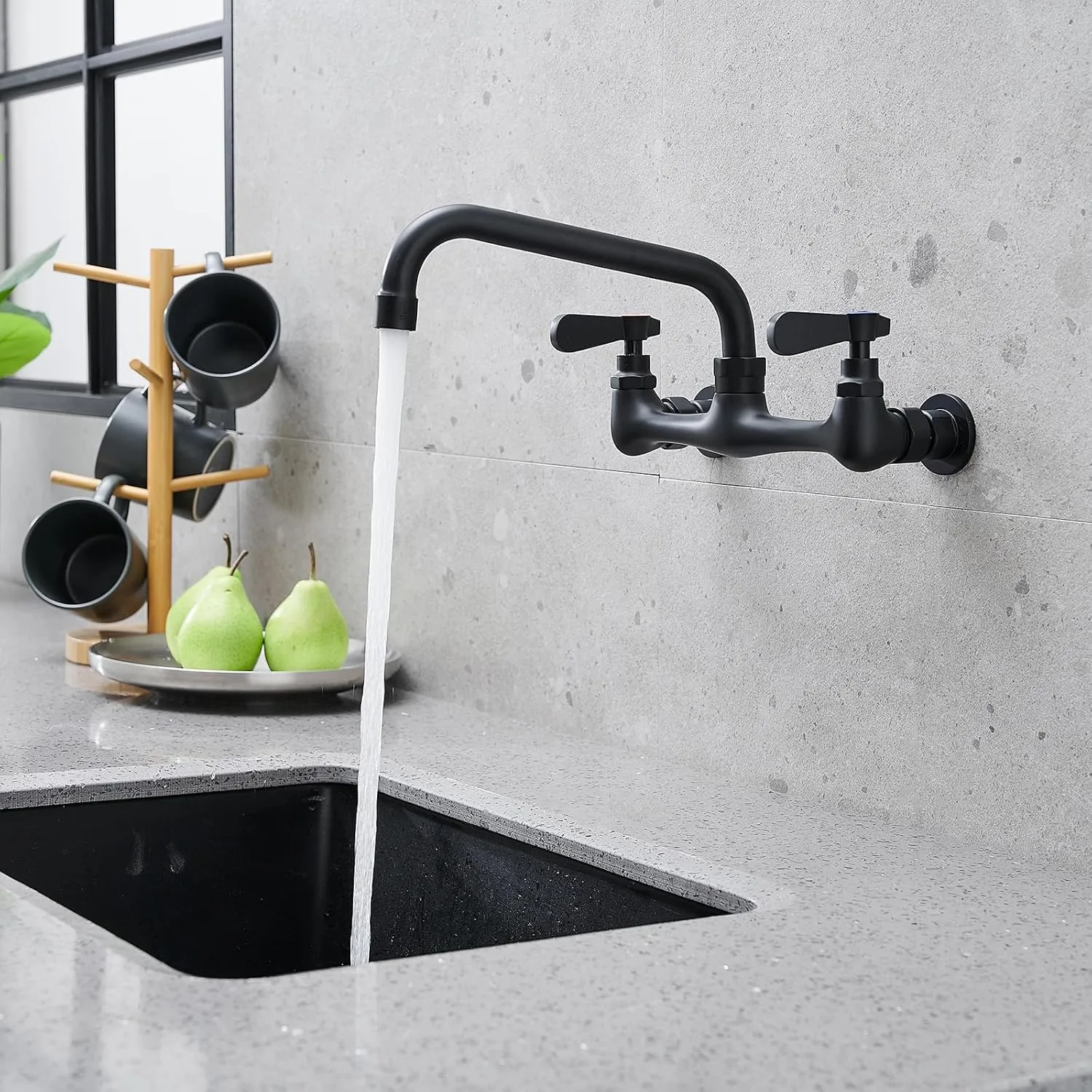 BWE Wall Mount Kitchen Faucets 8 Inch Center Commercial Kitchen Sink Faucet with 8" Swivel Spout 2 Handle Wall Mounted Utility Laundry Sink Faucets, Utility Sink Faucet
