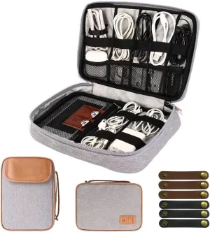 Cable Organizer Bag,Travel Electronic Organizers Case Waterproof Tech Organizer Bag Portable Cord Storage Pouch for Cable, Charger, Phone, USB, SD Card,with 6pcs Leather Cable Ties (Grey)
