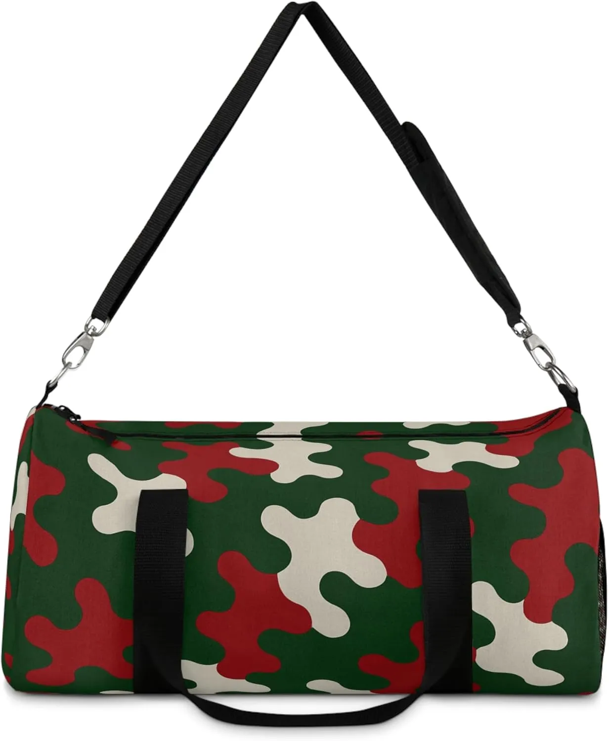 Camo Duffel Bag, Gym Travel Tote, Christmas Spirit, Holiday Gift, Outdoor Gear, Festive Green-Red-White Design