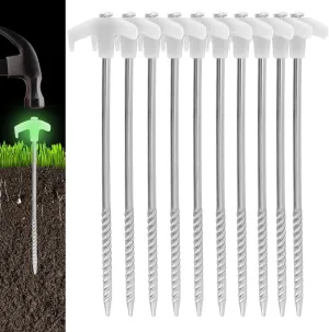 Camping Stakes Ground Anchors Screw in 10Pcs 9.8in Illuminating Threaded Head Tent Pegs Heavy Duty Steel Camping Stakes for Garden Inflatable Decoration, Street Lamps