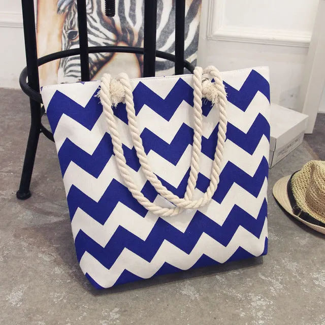 Canvas Bohemian Style Striped Shoulder Beach Bag